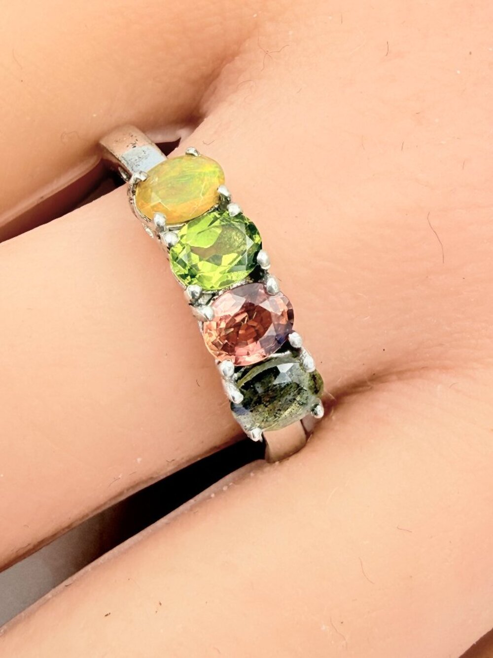 Contemporary Signed Sterling Silver Rainbow Gemstone Band Ring Sz 9.75